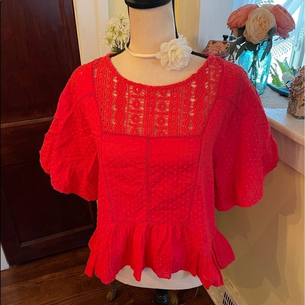 Classic Embroidered Summer-Red Cotton Crochet Ruffle Sleeve Top M